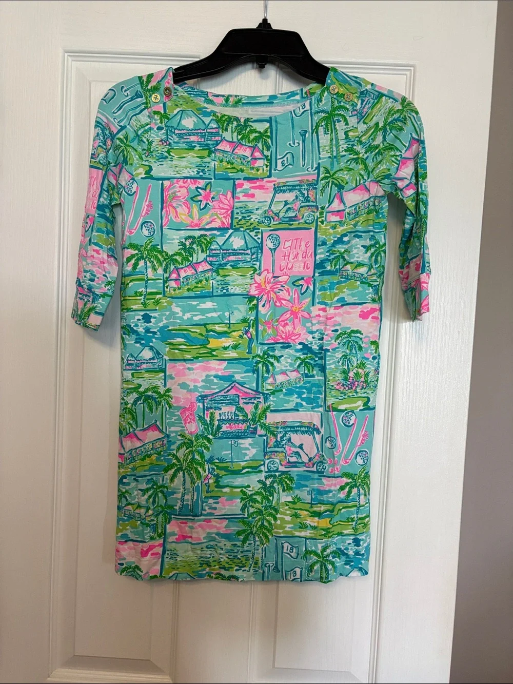 Lily Pulitzer girls 8-10 Golf Print Shift Dress in Aqua, Pink & Green
